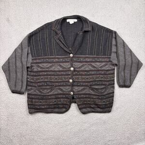 VTG Nicole Farhi Sweater Womens Small Gray Wool Cardigan Fair Isle Collared